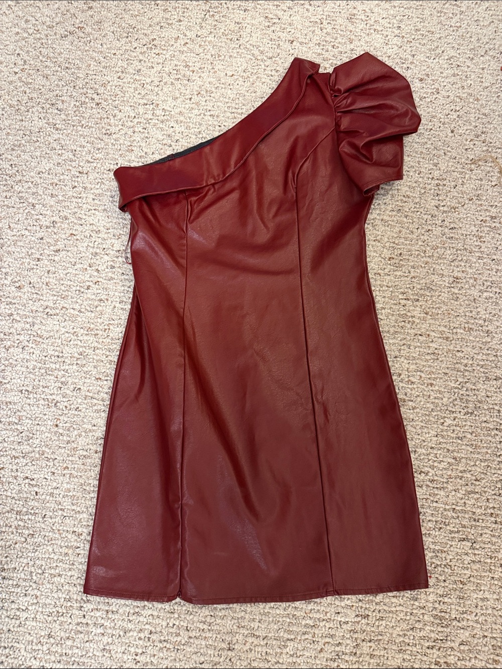 TCEC One-Shoulder Burgundy Faux Leather Mini Dress